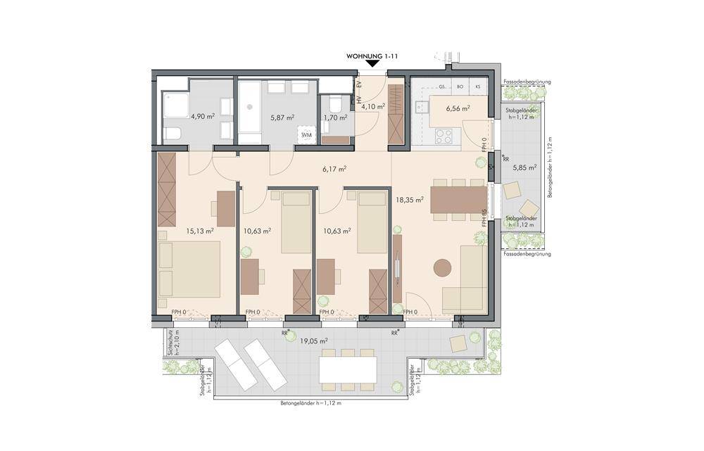 Grundriss einer Wohnung mit drei Schlafzimmern, zwei Bädern, offener Küche und großer Terrasse.
