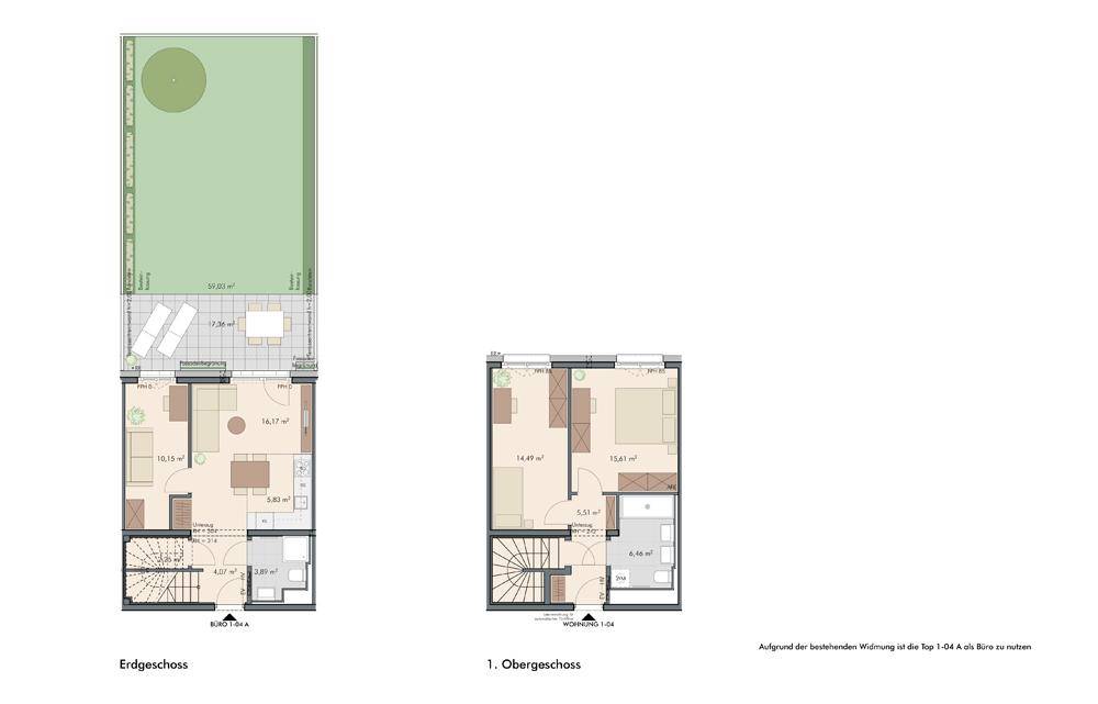 Grundriss einer Maisonette-Wohnung über zwei Etagen mit Garten, Terrasse und offenem Wohnbereich.