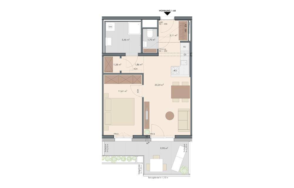 Grundriss einer Wohnung mit einem Schlafzimmer, offenem Wohnbereich und einer großzügigen Terrasse.