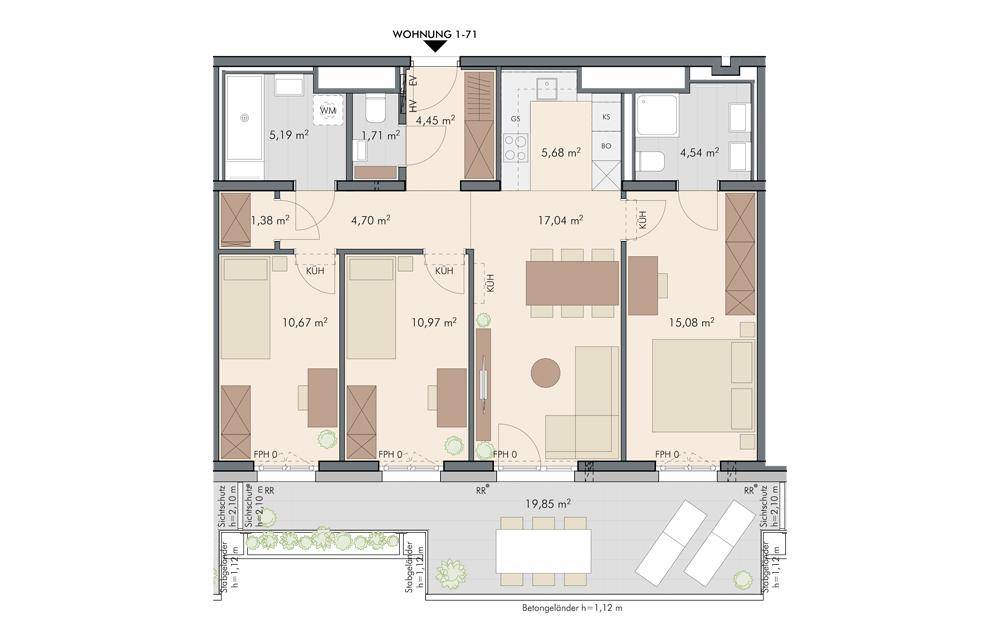 Detaillierter Grundriss einer Wohnung mit drei Schlafzimmern, offenem Wohnbereich und großer Terrasse.