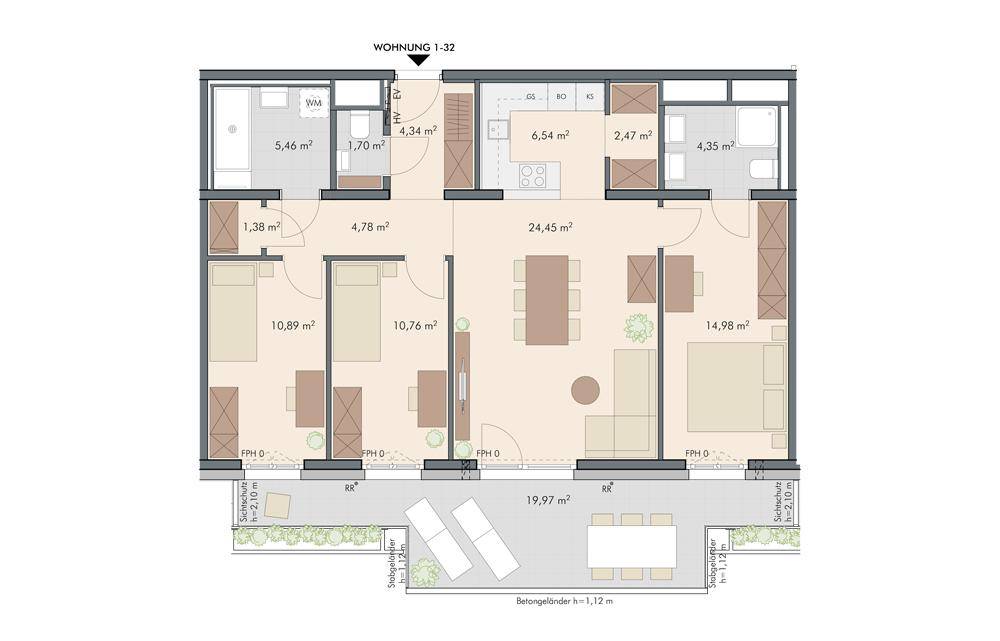 Grundriss einer Wohnung mit offenem Wohn-Essbereich, drei Schlafzimmern, zwei Bädern und einer großen Terrasse.