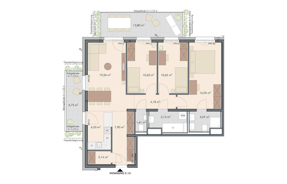 Grundriss einer Wohnung mit offenem Wohnbereich, drei Schlafzimmern, zwei Bädern und großzügigen Terrassen.