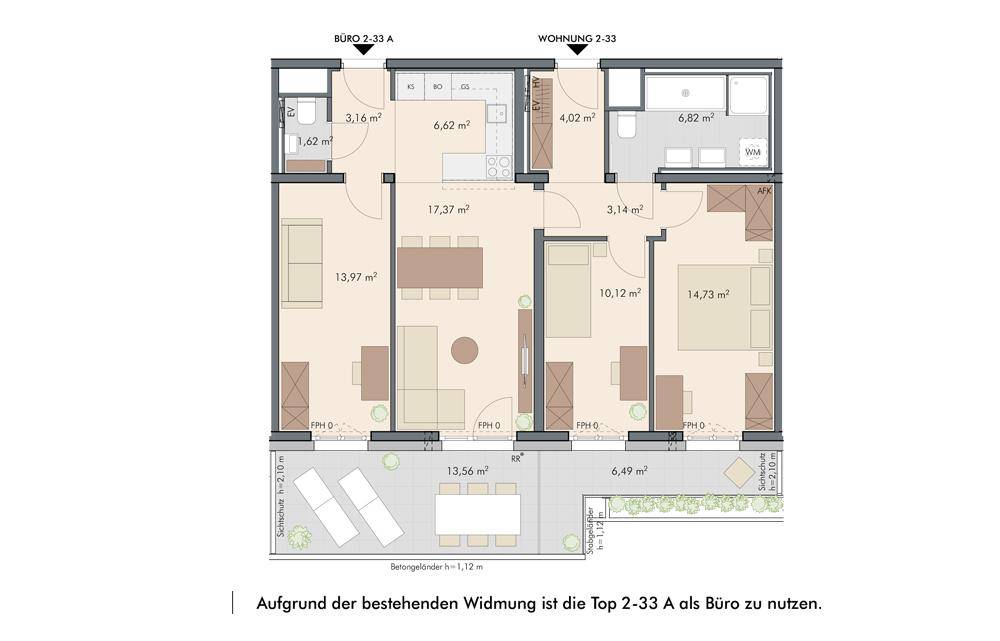 Grundriss einer flexiblen Einheit mit offener Wohnküche, zwei Schlafzimmern, zwei Bädern, Gäste-WC und großer Terrasse mit Garten.