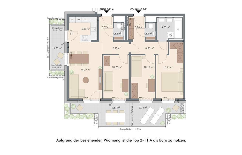 Detaillierter Grundriss einer Wohnung mit drei Schlafzimmern, offenem Wohnbereich, zwei Bädern und großzügiger Terrasse mit Gartenanteil.