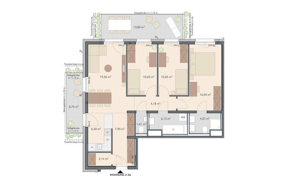 Grundriss einer Wohnung mit offenem Wohnbereich, zwei Schlafzimmern, zwei Bädern und zwei Terrassen.