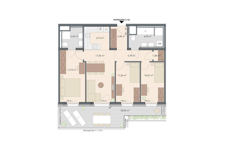 Grundriss einer modernen Wohnung mit zwei Schlafzimmern, offenem Wohn-Essbereich und einer geräumigen Terrasse.