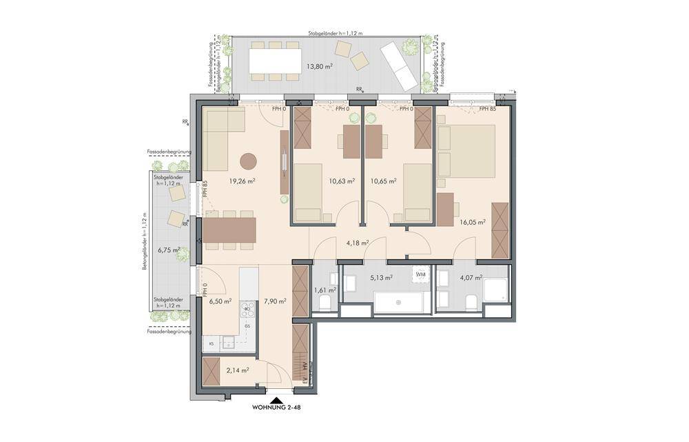 Detaillierter Grundriss einer Wohnung mit drei Schlafzimmern, offenem Wohnbereich und zwei Terrassen.