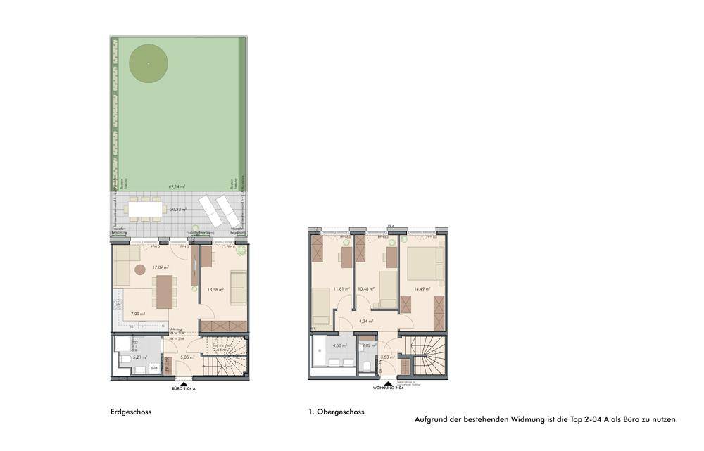 Grundrisspläne zeigen Erdgeschoss mit offenem Wohnbereich, Terrasse und Garten sowie Obergeschoss mit drei Schlafzimmern und Bad.