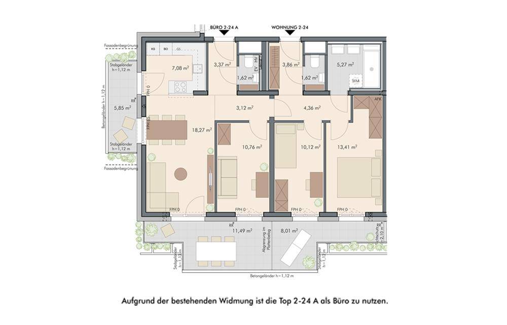 Grundriss einer Wohnung mit offenem Wohn-Essbereich, mehreren Schlafzimmern und zwei Terrassen.