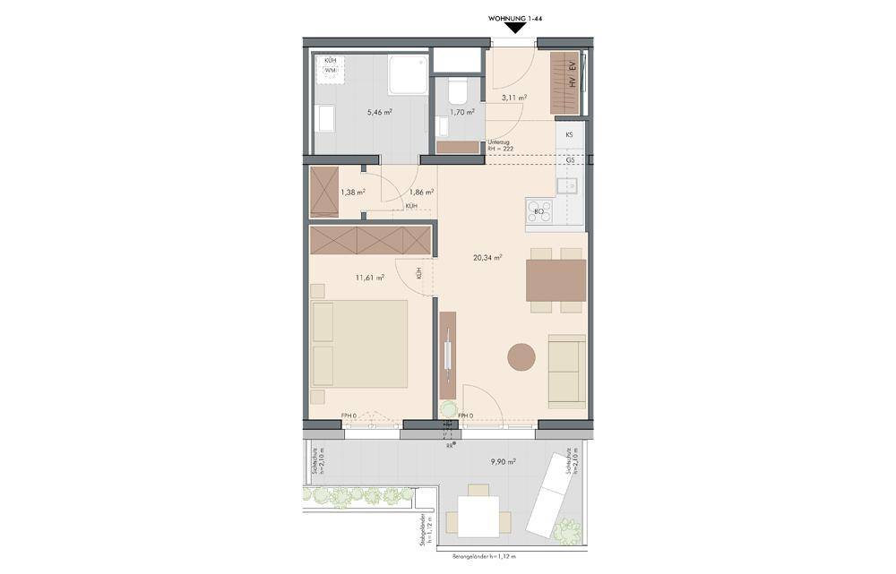 Grundriss einer Wohnung mit offenem Wohnbereich, Schlafzimmer, Bad, separatem WC und Balkon.