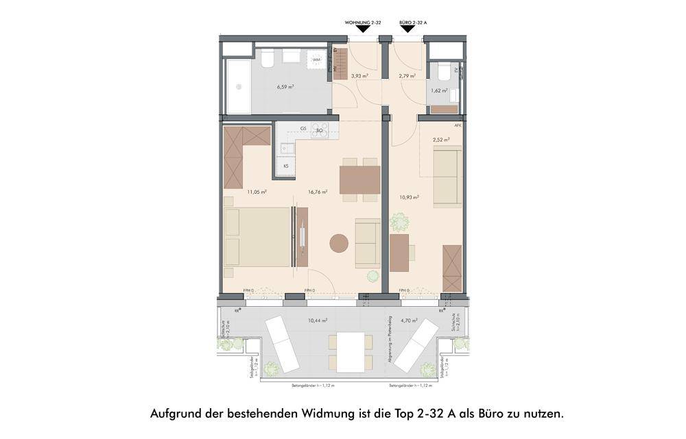 Grundriss einer Wohnung mit Schlafzimmer, offenem Wohnbereich, Bad, separatem WC und großer Terrasse.