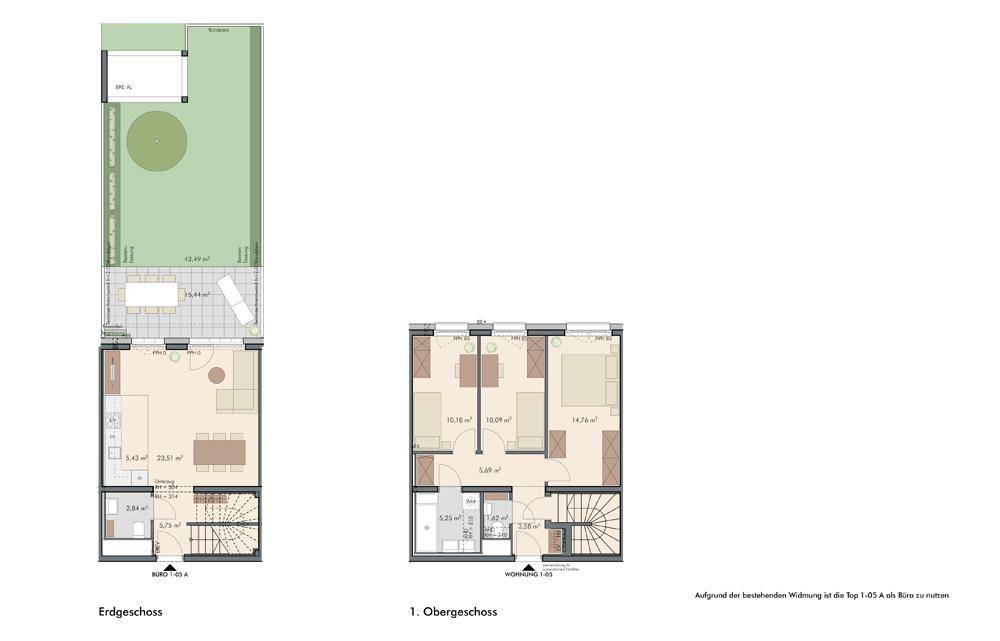 Grundrissplan zeigt Erdgeschoss mit offenem Wohnbereich, Terrasse und Garten sowie Obergeschoss mit Schlafzimmern und Bad.