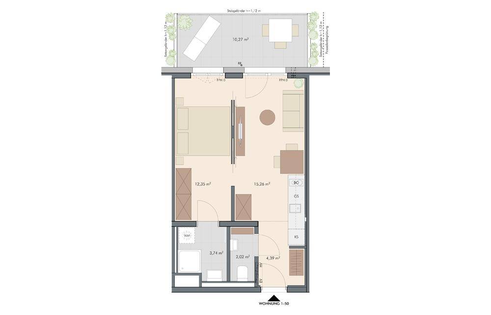 Grundriss einer Wohnung mit Schlafzimmer, offenem Wohnbereich, Bad und einer Terrasse.
