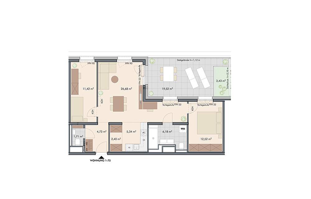 Grundriss einer Wohnung mit offenem Wohnbereich, Terrasse und Gartenanteil.