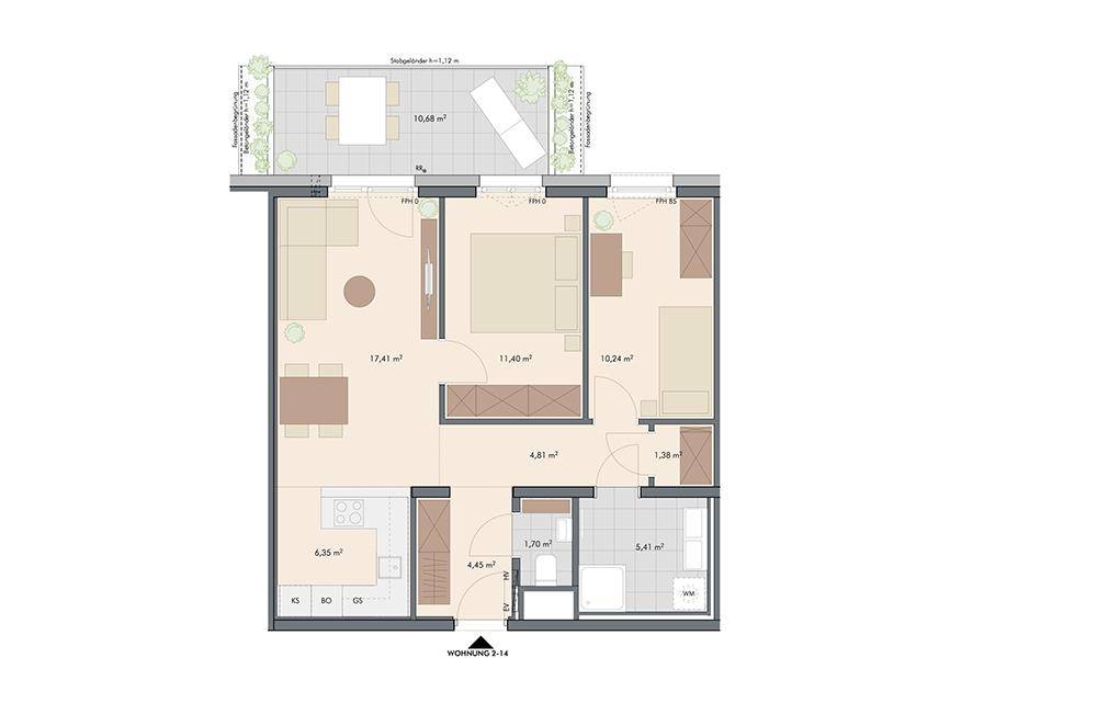 Grundriss einer Wohnung mit offenem Wohnbereich, zwei Schlafzimmern und großer Dachterrasse.
