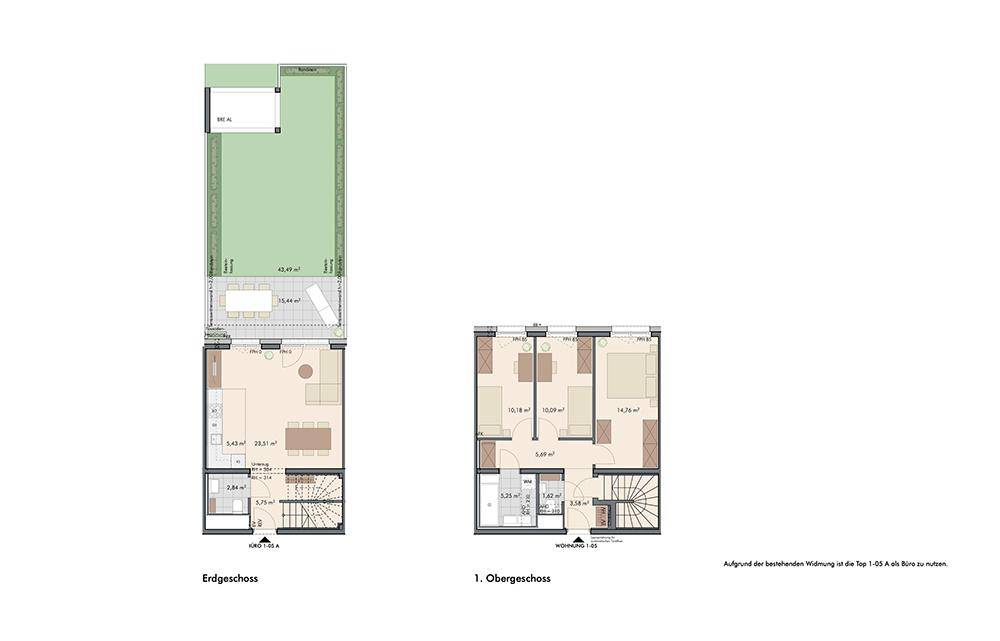 Grundrisspläne für Erdgeschoss und Obergeschoss zeigen eine Wohnung mit offenem Wohnbereich, Terrasse und Garten.