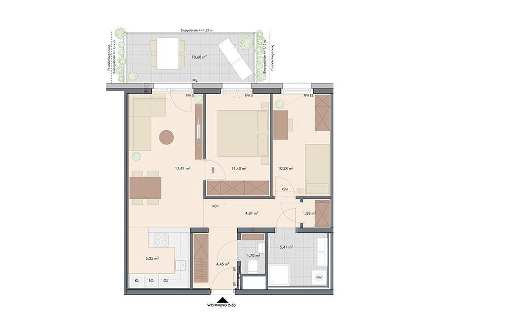 Grundriss einer Wohnung mit drei Zimmern, offener Küche und großer Terrasse.