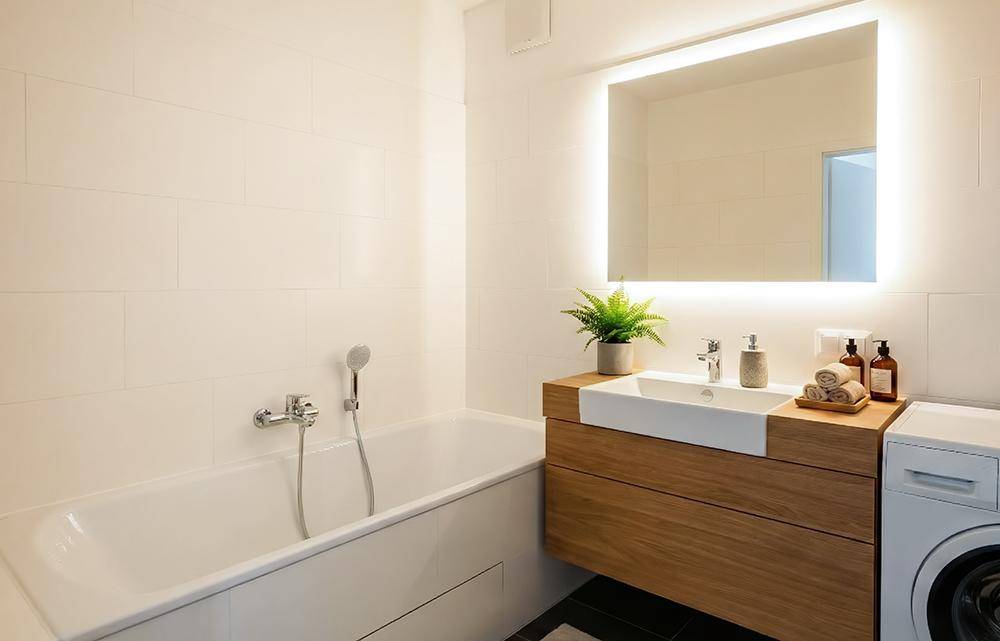 Modernes Badezimmer mit Badewanne, Waschtisch und integrierter Waschmaschine.