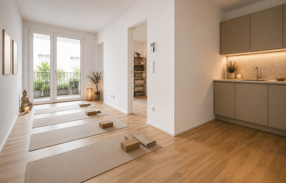Heller Yoga-Raum mit Balkonzugang, Holzboden und einer kleinen Küchenzeile, ideal für Wellness-Aktivitäten.