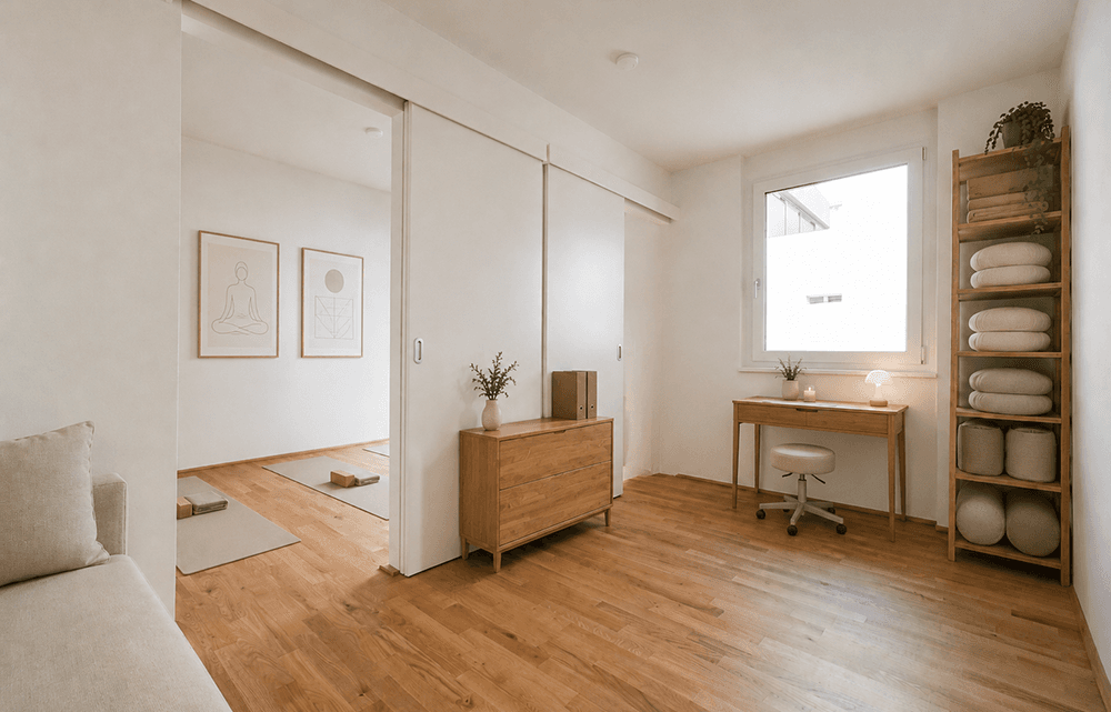 Ruhiger Raum, ideal für Yoga oder Meditation, mit Holzboden, minimalistischer Einrichtung und viel Tageslicht.