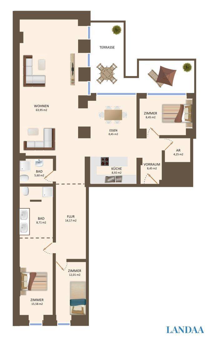 Grundriss zeigt eine Wohnung mit Terrasse, drei Zimmern und offenem Wohn-Essbereich.
