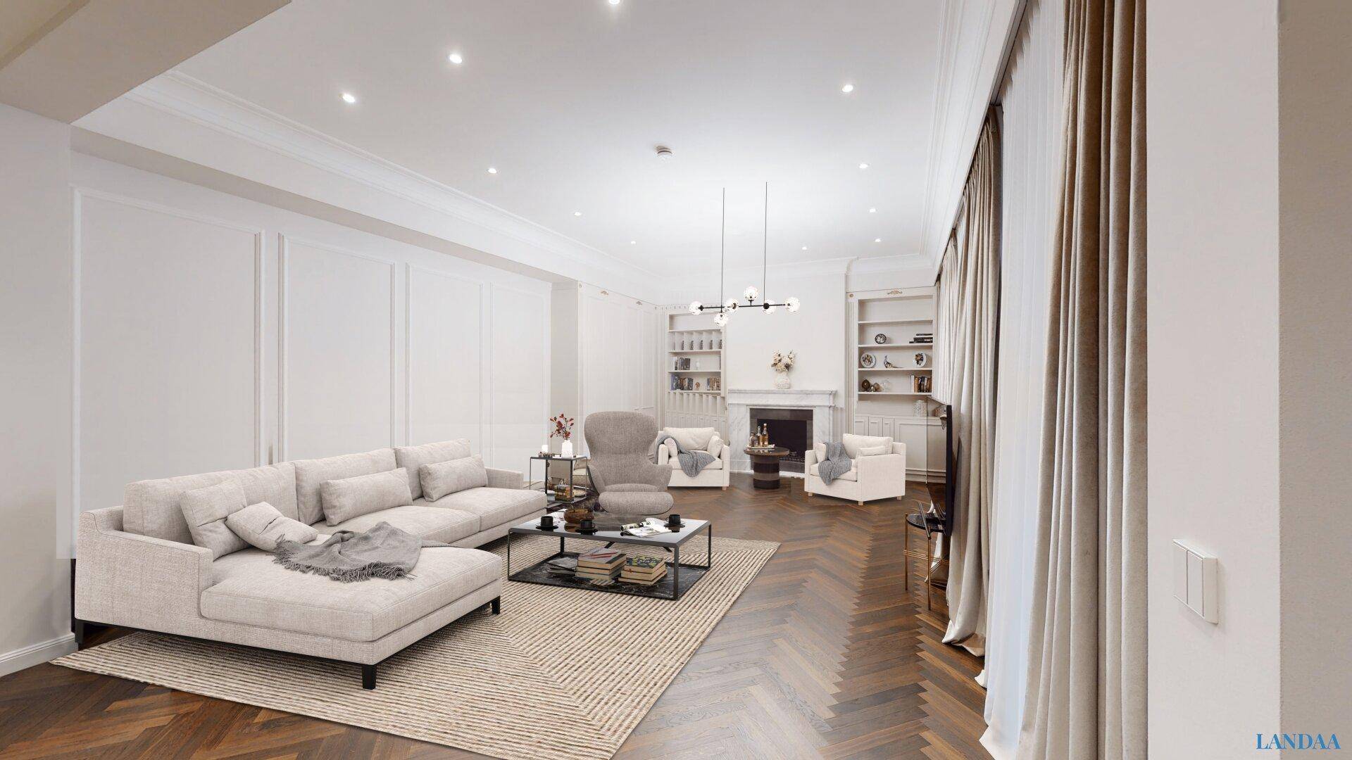 Geräumiges Wohnzimmer mit Kamin, Fischgrätparkett und hohen Decken, ideal für Entspannung.