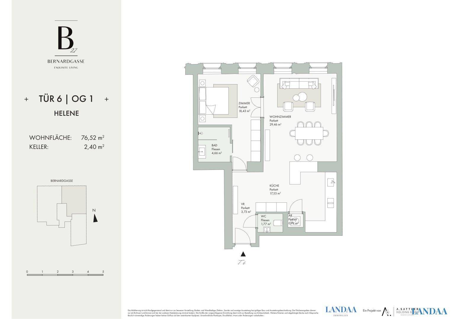Grundriss der Wohnung mit Wohnzimmer, Küche, Bad und WC auf 76,52 m².