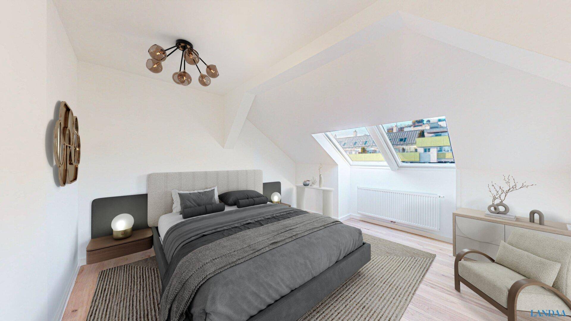 Gemütliches Schlafzimmer im Dachgeschoss mit Dachfenster, Holzboden und modernem Bett.