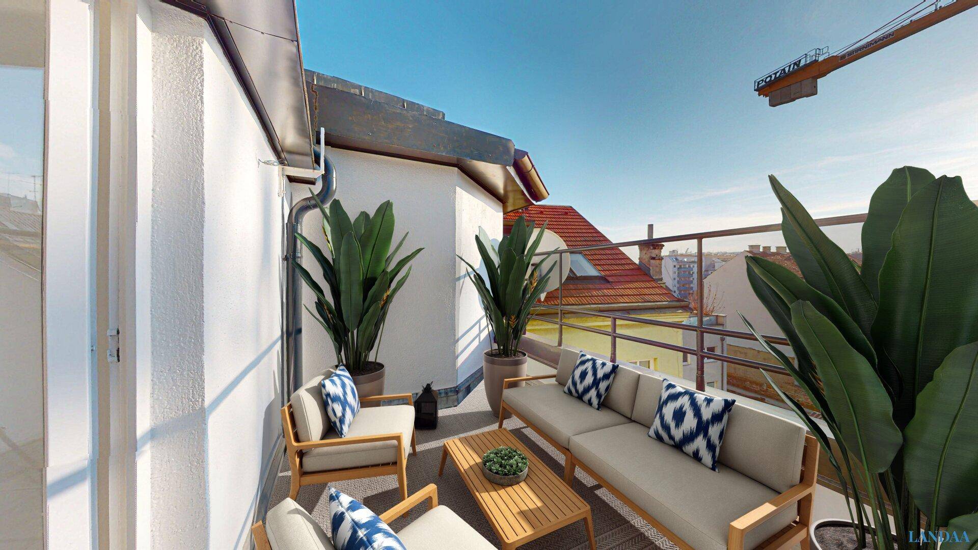 Geräumige Dachterrasse mit bequemen Gartenmöbeln, Pflanzen und Blick über die Stadt.