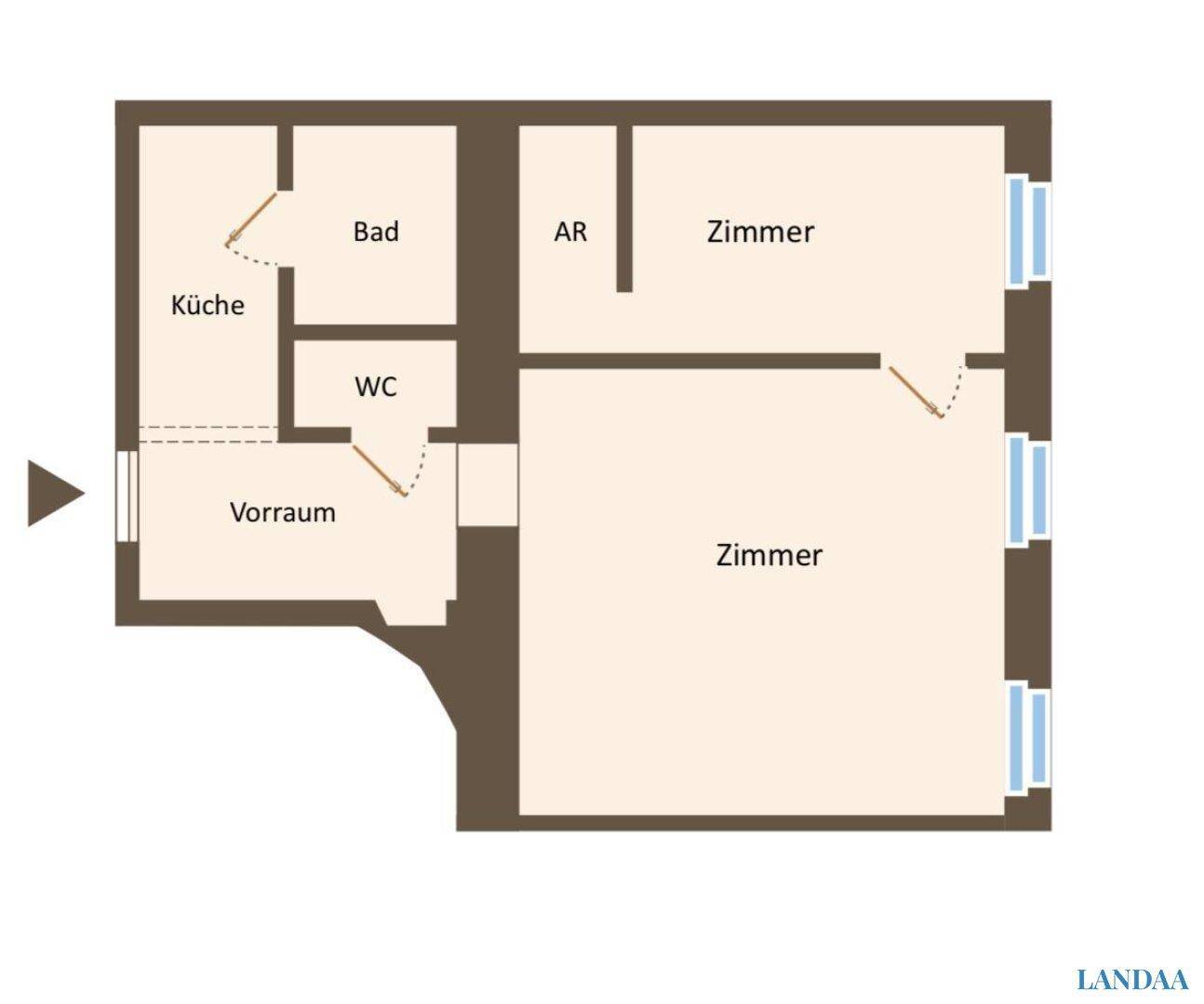 Grundriss einer Wohnung mit separater Küche, Bad, WC und zwei Zimmern sowie einem Abstellraum.