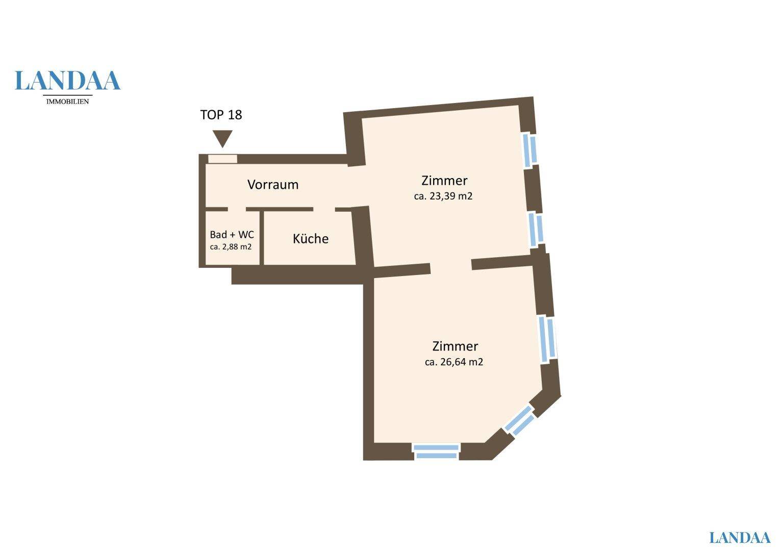 Grundriss einer Wohnung mit Vorraum, Bad, Küche und zwei Zimmern.