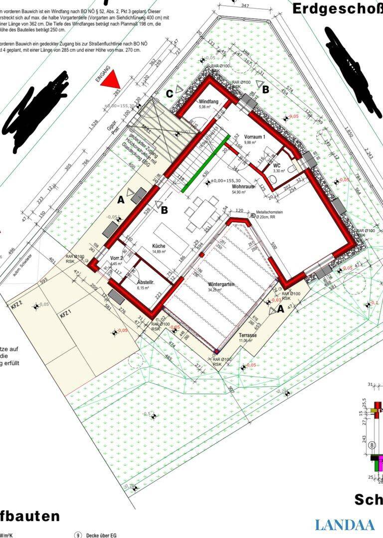 Grundriss des Erdgeschosses mit Wohnbereich, Wintergarten und Terrasse.