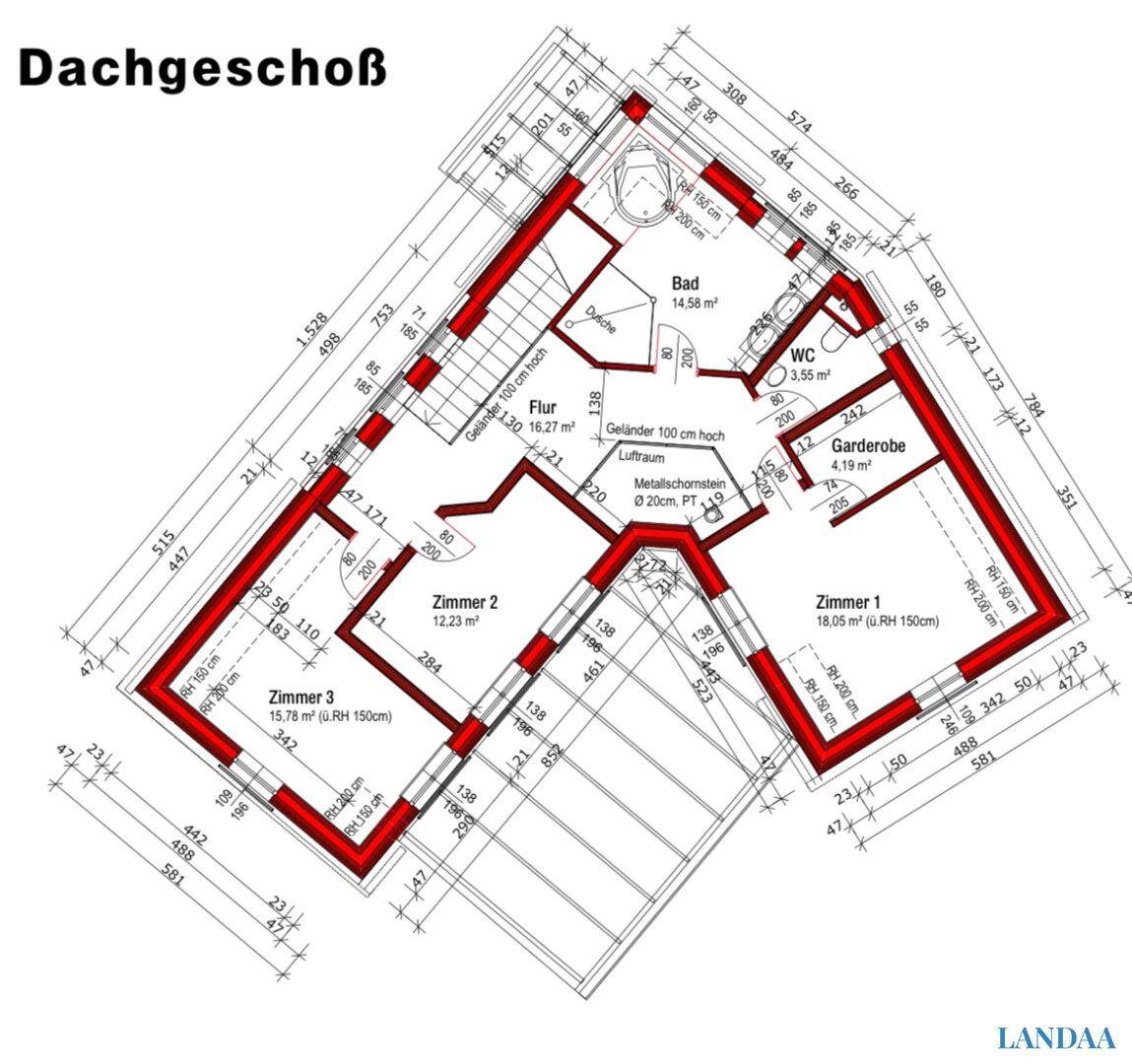 Grundriss des Dachgeschosses mit drei Schlafzimmern, Bad und Garderobe.