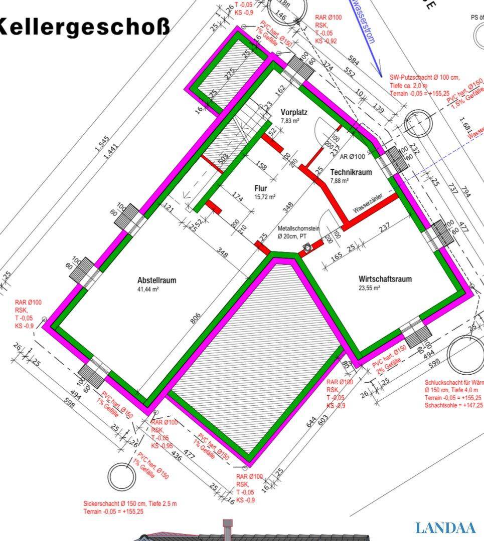 Grundriss des Kellergeschosses mit Abstellraum, Technikraum und Wirtschaftsraum.