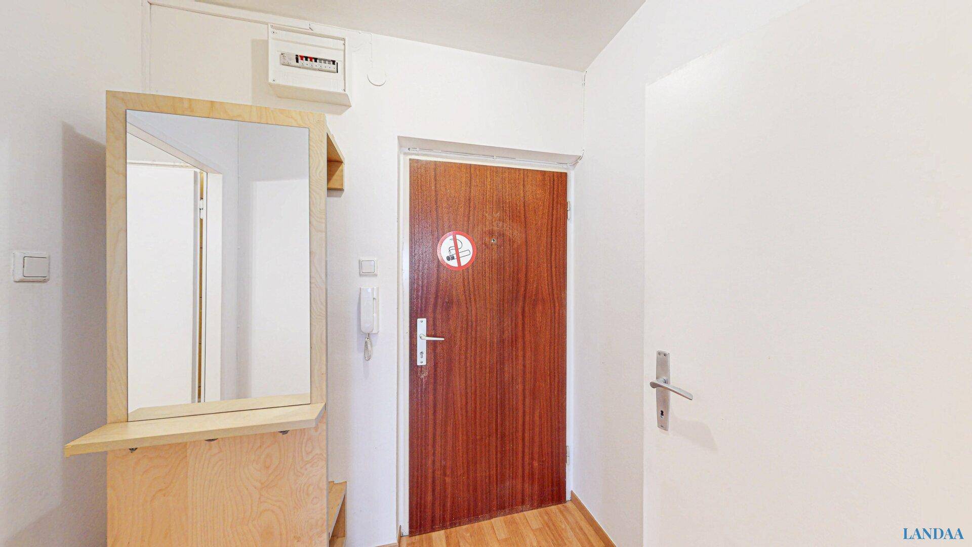 Eingangsbereich der Wohnung mit einem Spiegel und einer Gegensprechanlage.
