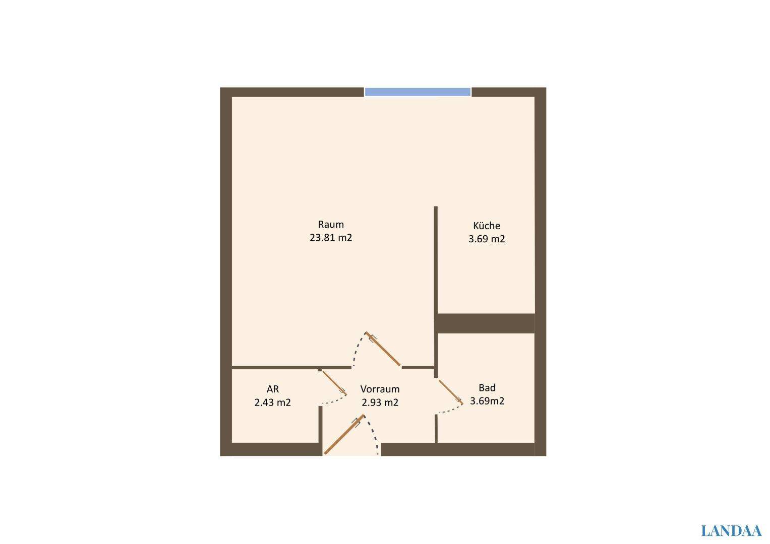 Grundriss der Wohnung mit offener Raumaufteilung und separatem Bad.