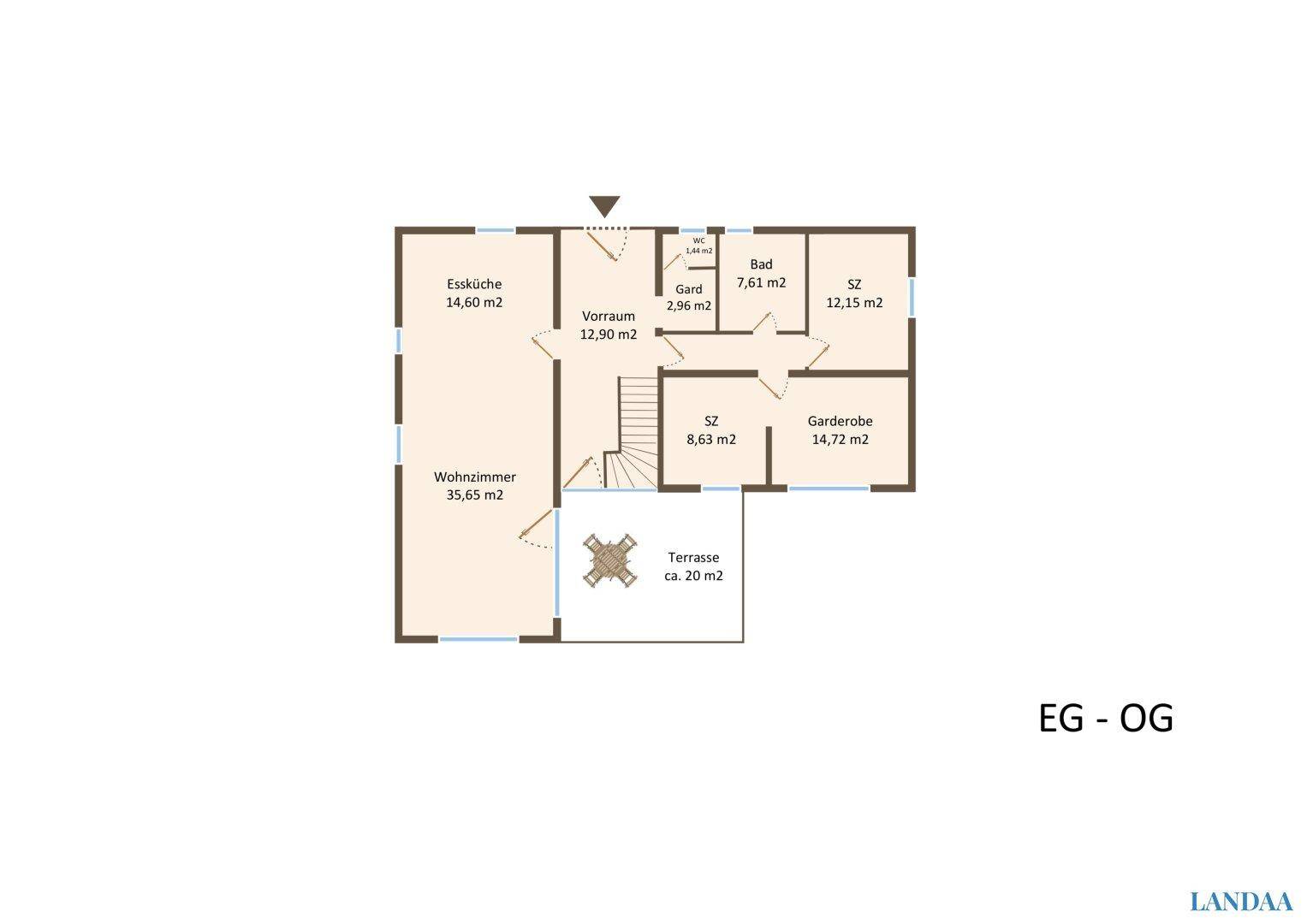 Grundriss des Erd- und Obergeschosses mit Wohnzimmer, Essküche und Terrasse.