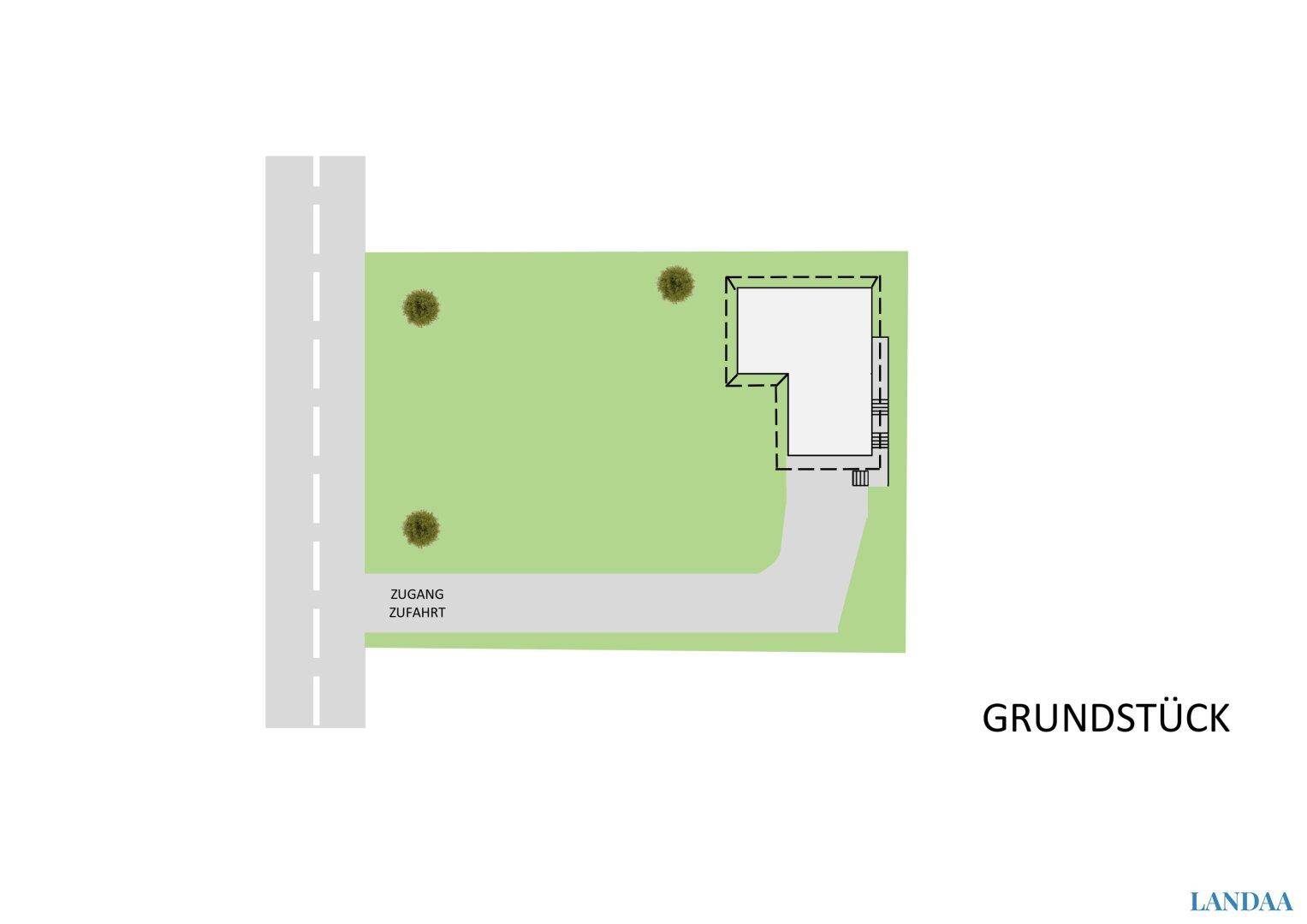 Grundstücksplan mit Zufahrt, Hausposition und Grünflächen.