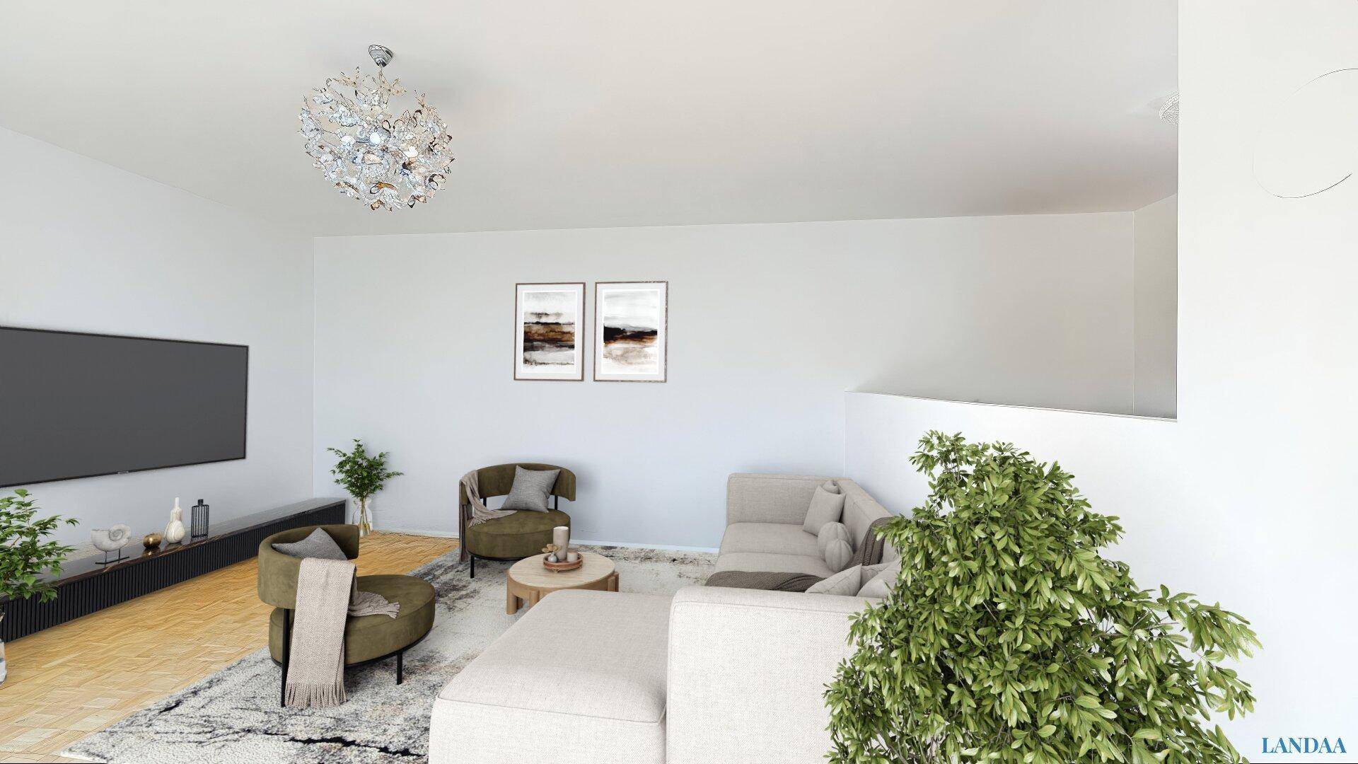 Helles Wohnzimmer mit moderner Einrichtung, Parkettboden und dekorativer Beleuchtung.