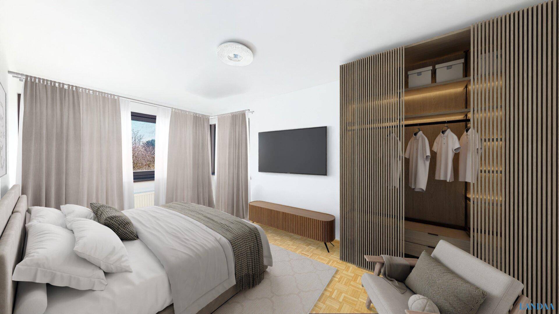 Modernes Schlafzimmer mit Holzboden, Einbauschrank und großem Bett.