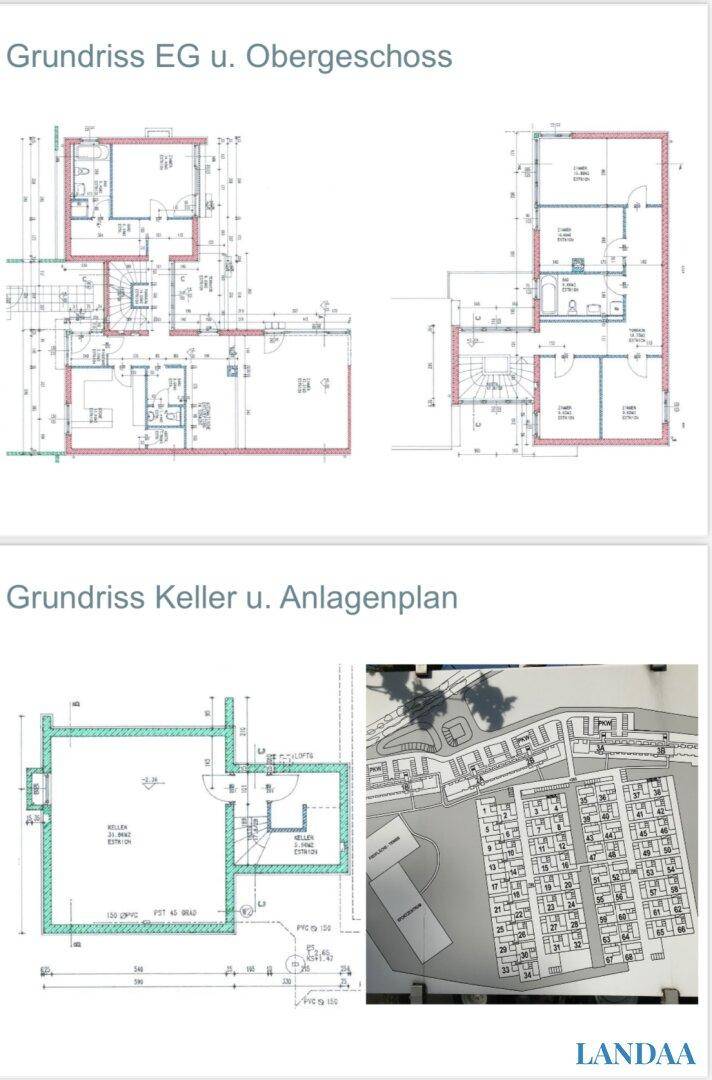 Grundrisse für Erdgeschoss, Obergeschoss, Keller und Anlagenplan des Grundstücks.