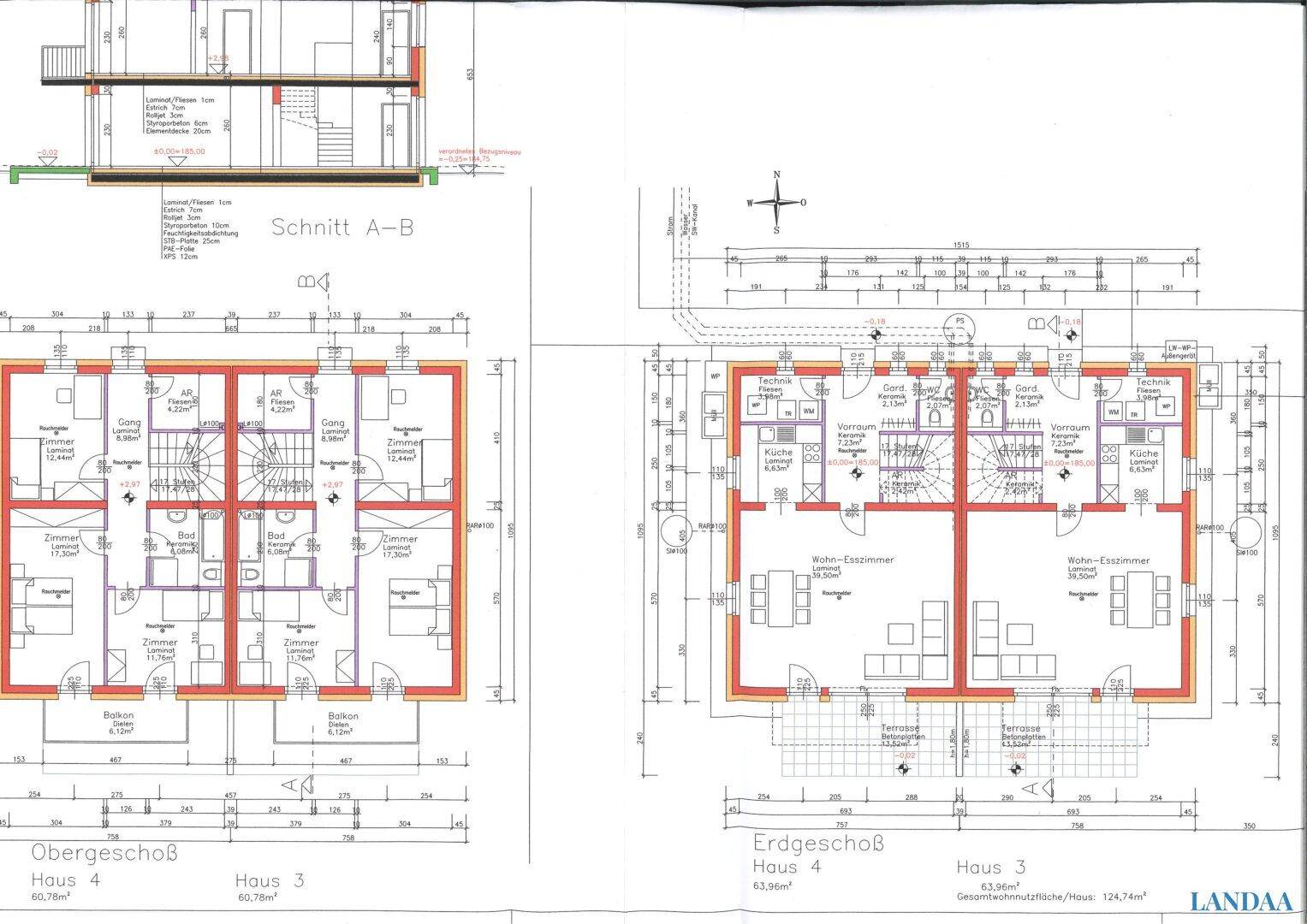 Grundrisse des Erd- und Obergeschosses von Haus 3 und 4 mit Raumaufteilung und Treppen.