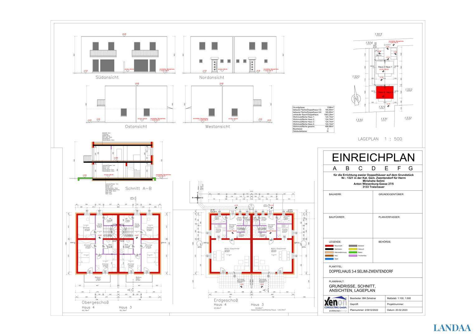 Umfassender Einreichplan mit Grundrissen, Schnitten, Ansichten und Lageplan der Doppelhäuser.