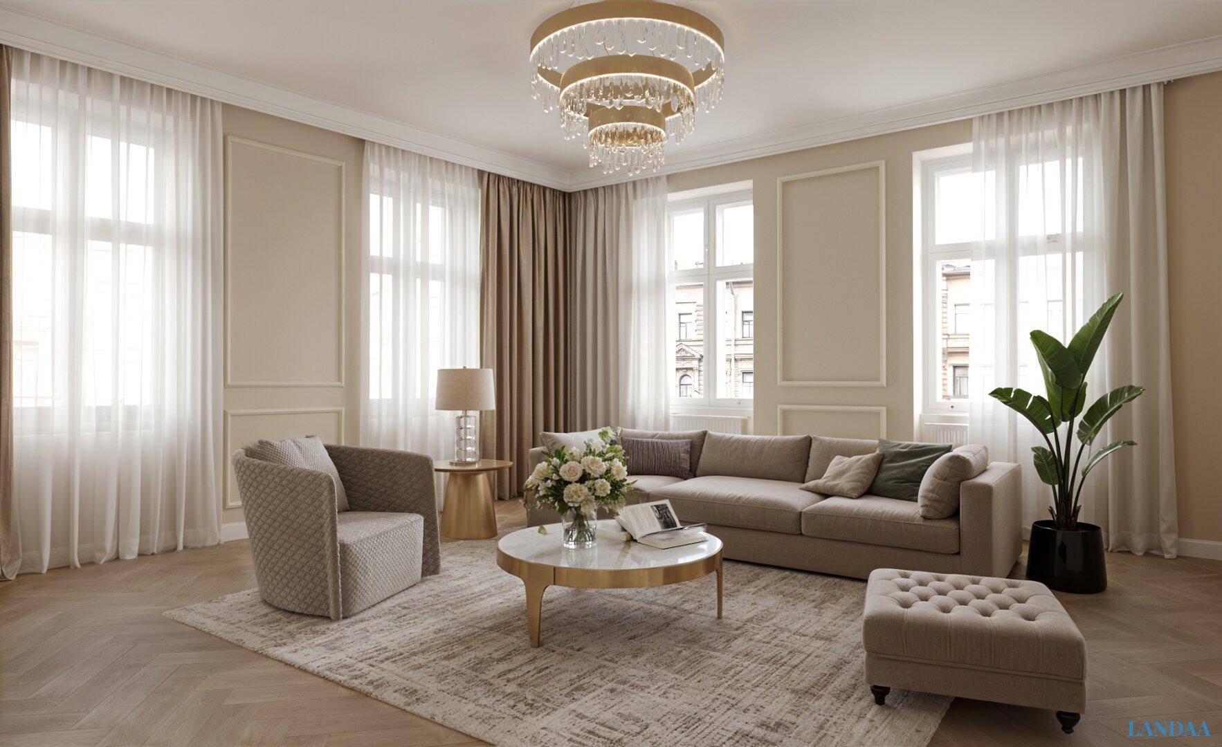 Helles und geräumiges Wohnzimmer mit beigem Sofa, eleganten Möbeln und Fischgrätparkettboden.