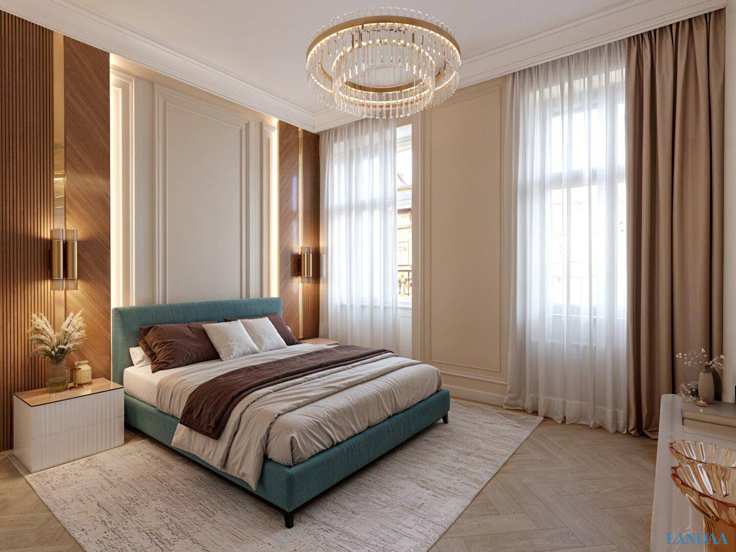 Elegantes Schlafzimmer mit modernem Design, großem Bett, Holzvertäfelung und Fischgrätparkett.