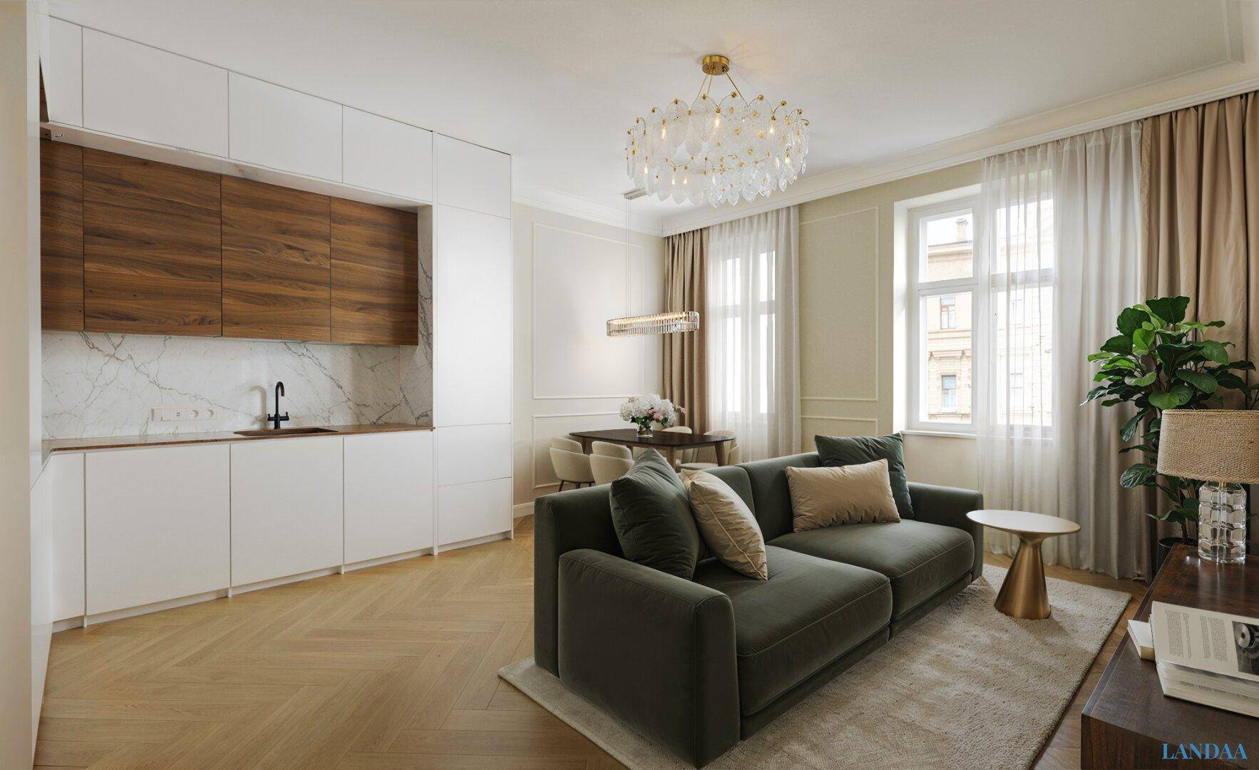 Moderner offener Wohn-Essbereich mit integrierter Küchenzeile, grünem Sofa und Fischgrätparkett.