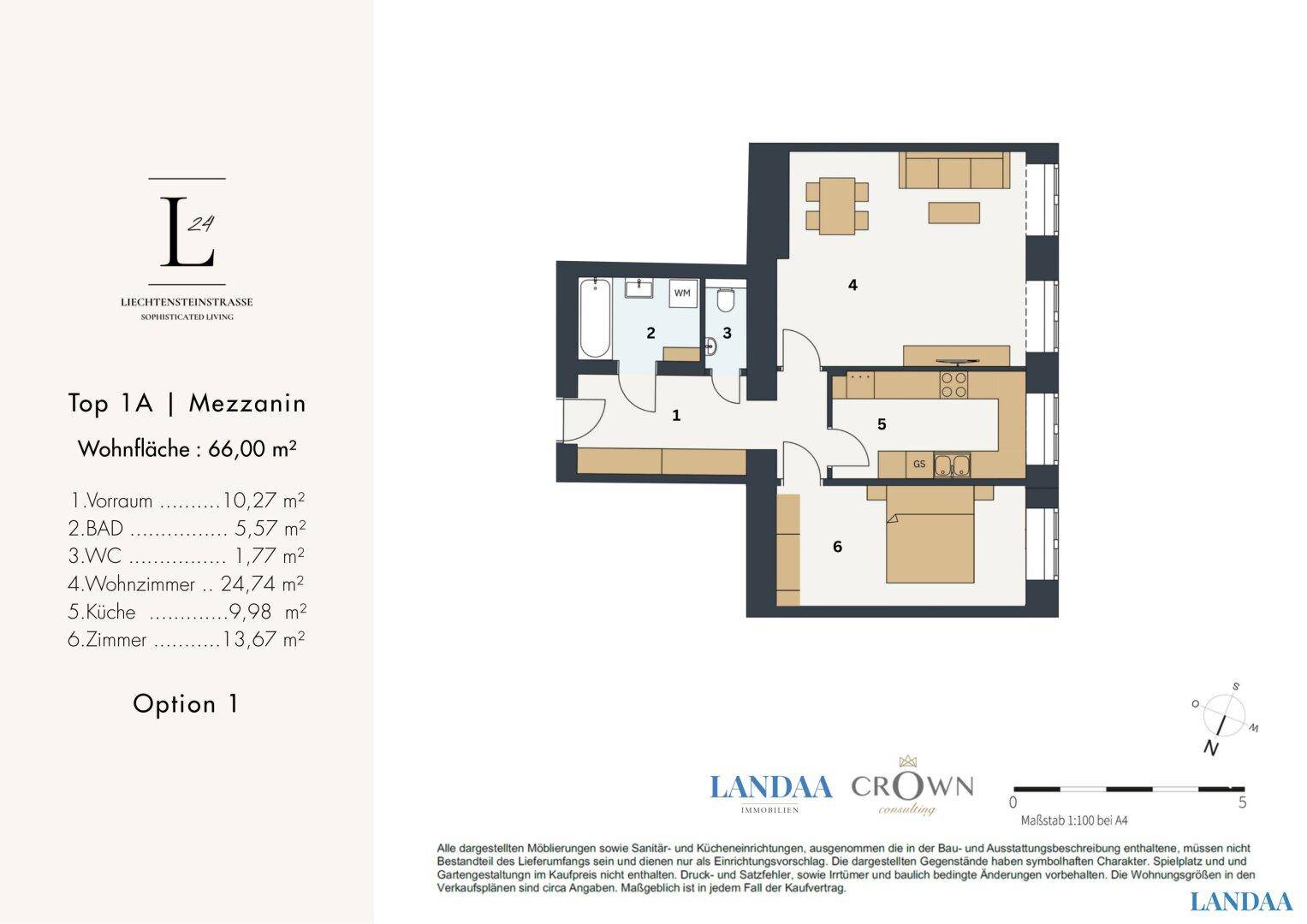 Grundriss Option 1 für eine 66 m² Wohnung mit zwei Zimmern und offener Küche.