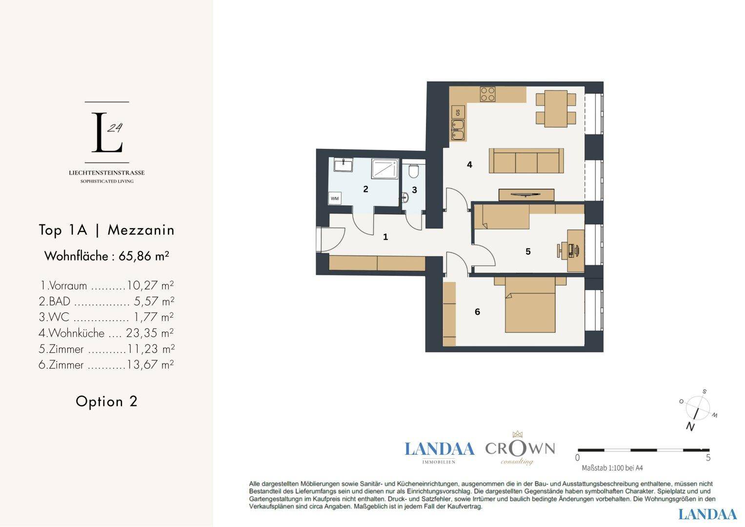 Grundriss Option 2 für eine 65,86 m² Wohnung mit zwei Zimmern und offener Küche.