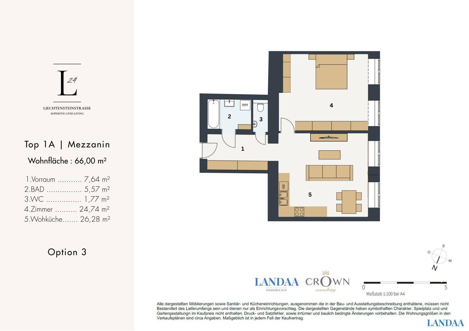 Grundriss Option 3 für eine 66 m² Wohnung mit zwei Zimmern und offener Wohnküche.