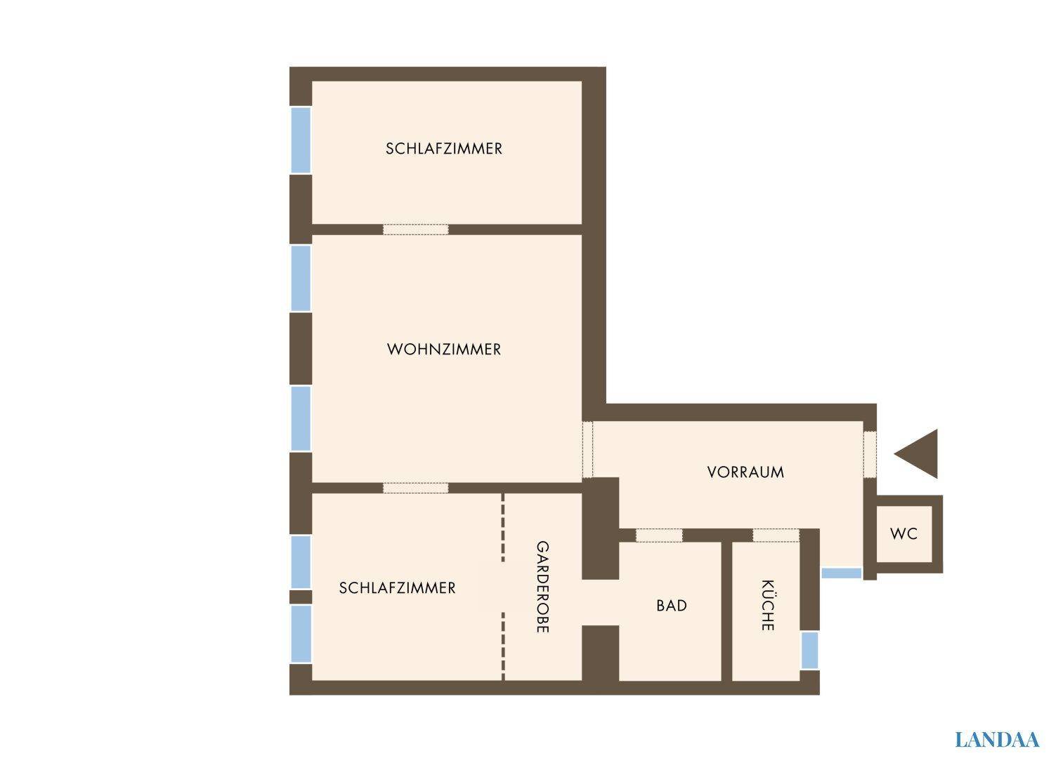 Grundriss einer Wohnung mit zwei Schlafzimmern, Wohnzimmer, Küche und Bad.